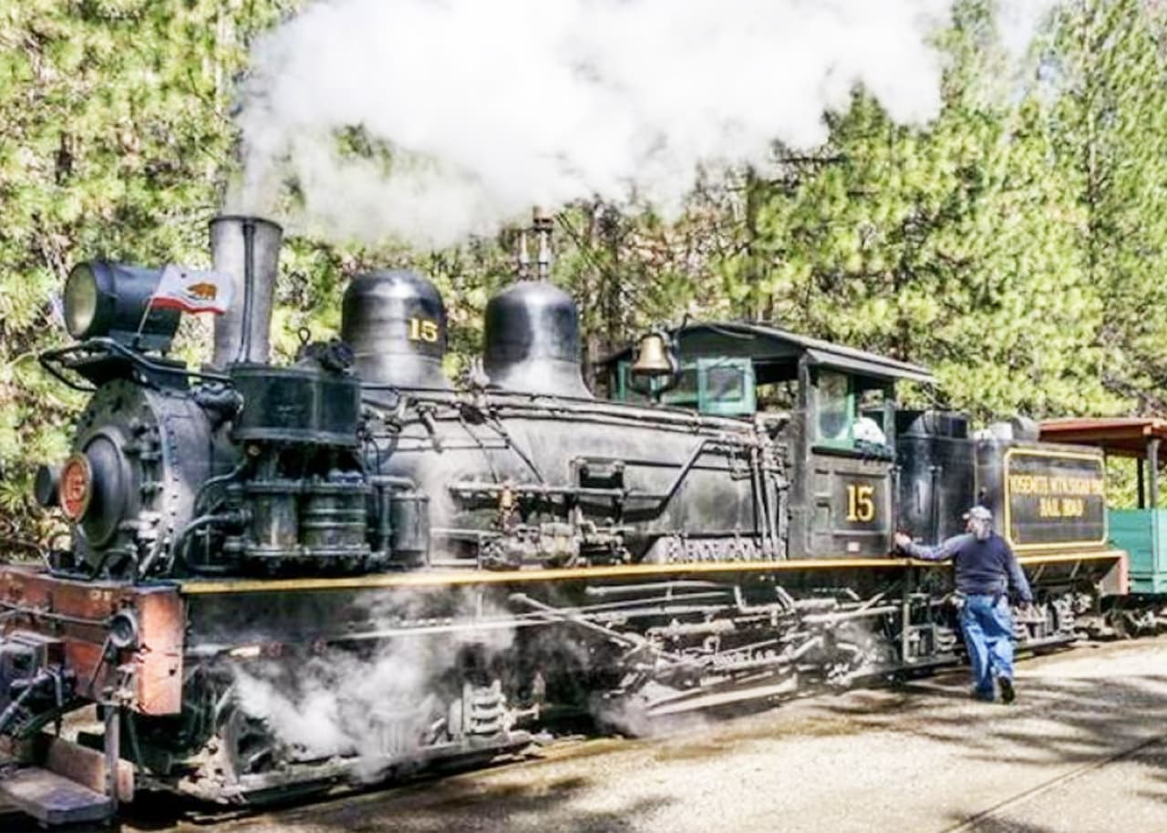 <b><a href="https://www.facebook.com/YMSPRR" target="_blank">Yosemite Mountain Sugar Pine Railroad acaba de re</a></b>iniciar operaciones. 
<b><a href="https://www.univision.com/local/fresno-kftv/iconico-ferrocarril-yosemite-sobrevive-al-incendio-creek-y-reanuda-sus-viajes" target="_blank">La travesía dura 4 millas </a></b>y recorre desde la entrada sur del Parque Nacional Yosemite para luego adentrarse entre los árboles del Bosque Nacional Sierra. Los paseos están disponibles en días laborales y fines de semana. 
<br>
<b>Fines de semana de octubre: 9:30 AM, 11:00 AM y 1:00 PM</b>
<br>
<b>Días laborables de octubre: 9:30 AM y 11:00 AM</b>