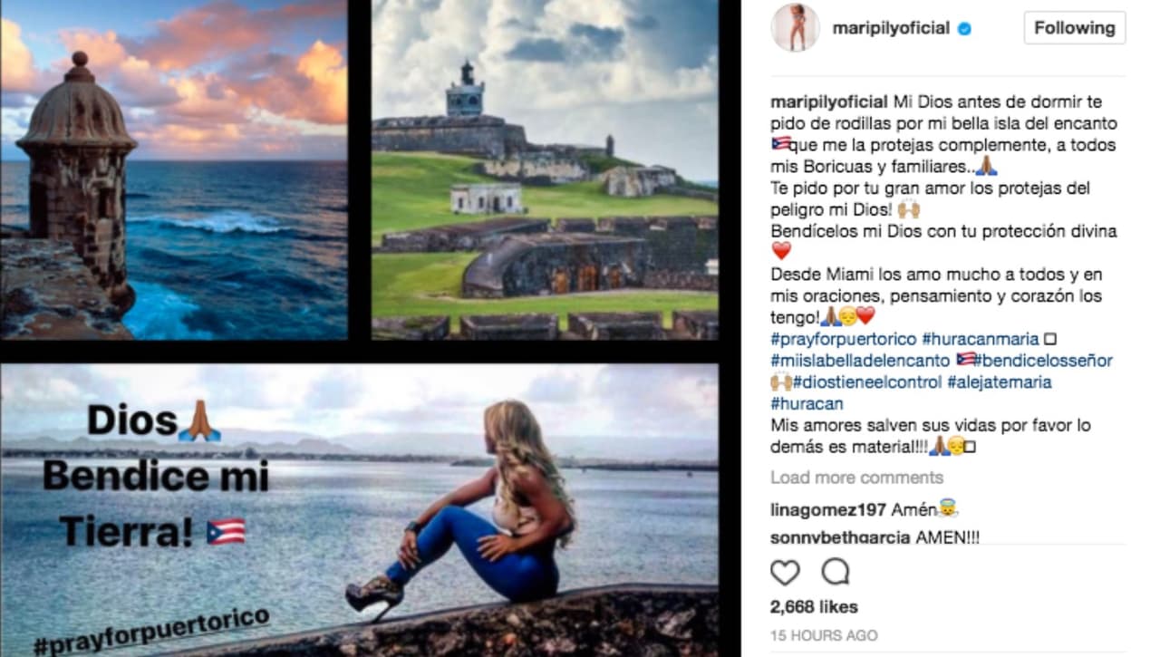 Maripily Rivera: "Mi Dios, antes de dormir te pido de rodillas por mi bella isla del encanto. Que me la protejas completamente a todos mis boricuas y familiares. Te pido por tu gran amor los protejas del peligro mi Dios. Bendícelos mi Dios con tu protección divina".