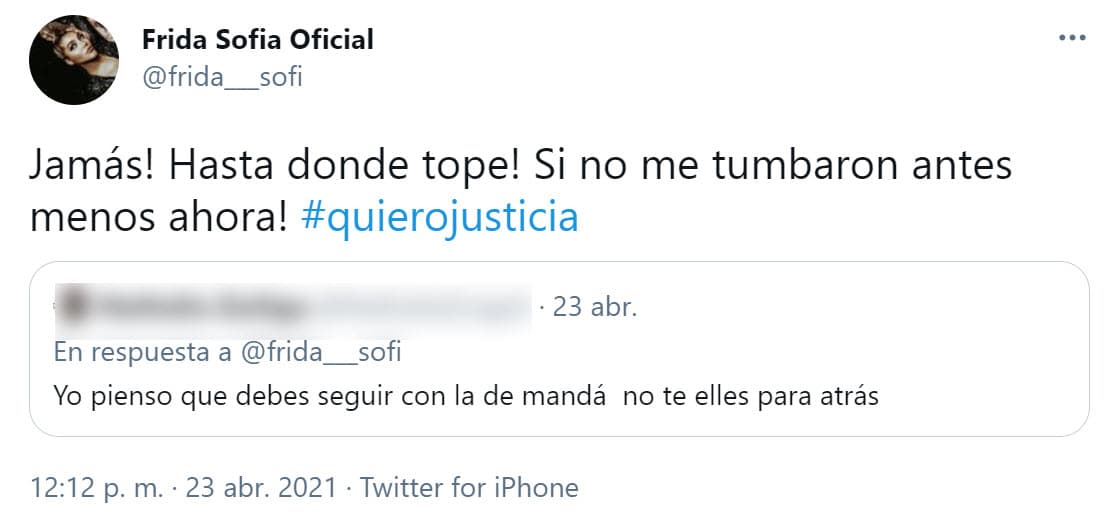 En Twitter adelantó que continuará con los planes de ejercer acciones legales y con ellas quiere llegar 
<b><a href="https://twitter.com/frida___sofi/status/1385642693427093508" target="_blank">"hasta donde tope"</a></b>. El bufete legal Oléa & Oléa, quien la representa, dijo a 
<b>Univision Digital</b> el jueves 22 que siguen recopilando información sobre la acusación de abuso sexual hecha en contra de su abuelo Enrique Guzmán.