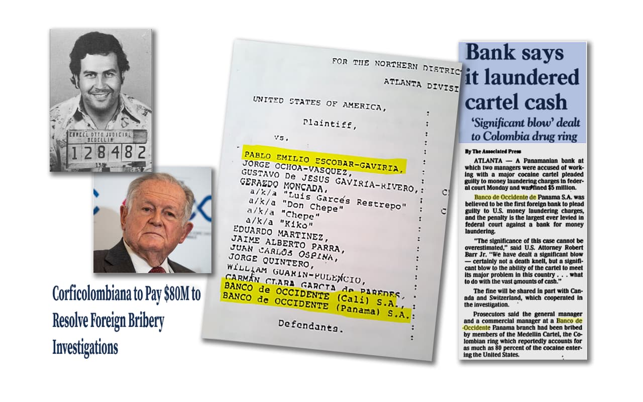 En una imputación de una corte federal de Atlanta de 1989 el gobierno de Estados Unidos acusó al cabecilla del Cartel de Medellín Pablo Escobar y a otros líderes de la organización de lavado de dinero a través del Banco de Occidente, también acusado. El banco era parte de un conglomerado del magnate colombiano Luis Carlos Sarmiento Angulo.