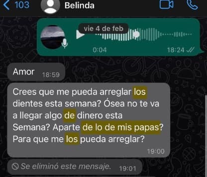 En un primer mensaje enviado presuntamente por la cantante, 
<b>ella le pide dinero para "arreglarse los dientes"</b> y exhibe que también le solicitó soporte económico para 
<b><a href="https://www.univision.com/famosos/belinda-mama-papa-tienen-covid-19-christian-nodal-fotos" target="_blank">sus padres, Ignacio Peregrín y Belinda Schüll</a></b>. Nodal le habría contestado, pero al parecer eliminó la respuesta.
<br>