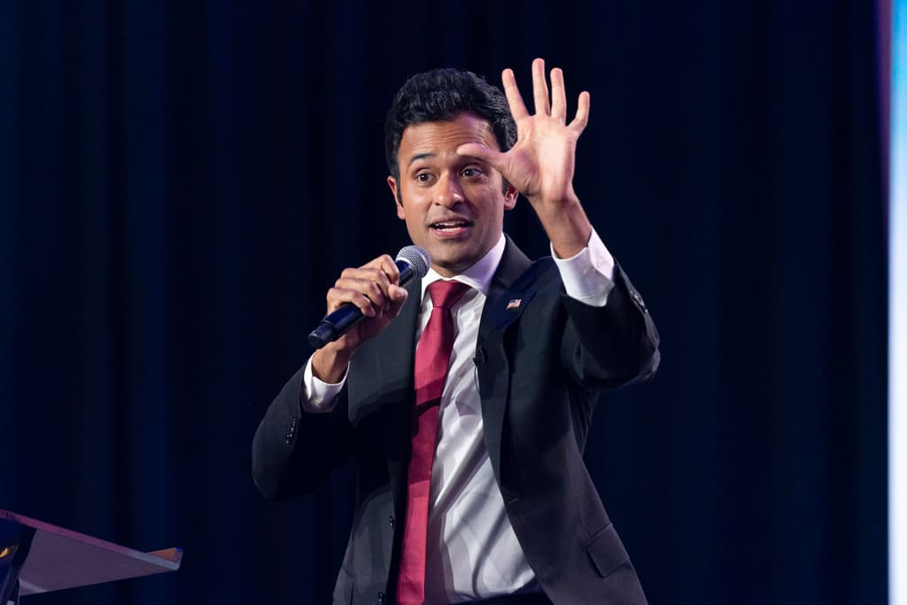 Vivek Ramaswamy habla en un evento de campaña en Washington DC el 15 de septiembre de 2023.