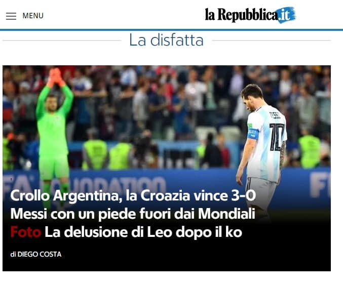 La Repubblica (Italia) habló del "Colapso de Argentina, y la desilusión de Messi qie tiene un pie fuera de la Copa del Mundo"