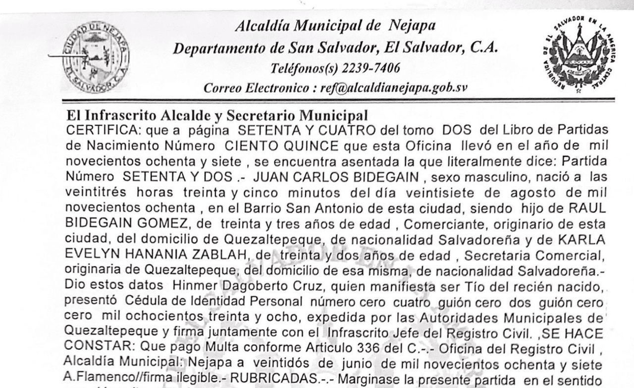 Partida de nacimiento de Juan Carlos Bidegaín en la Alcaldía de Nejapa