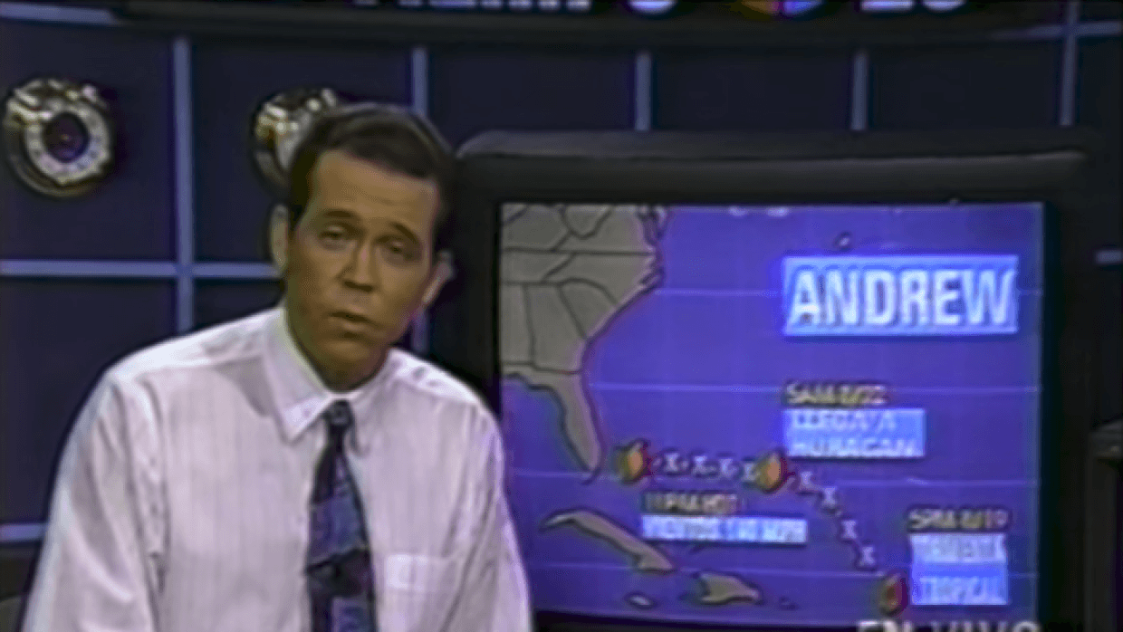 Meteorologist John Morales covers Hurricane Andrew in 1992 for Univision 23.