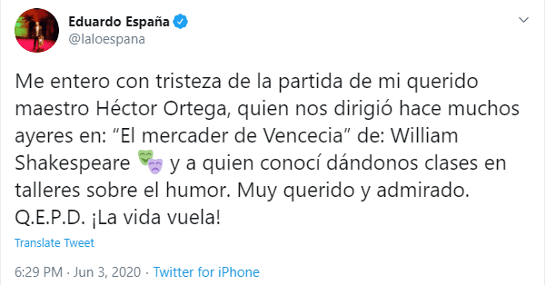 Lalo España lamenta la muerte de Héctor Ortega.