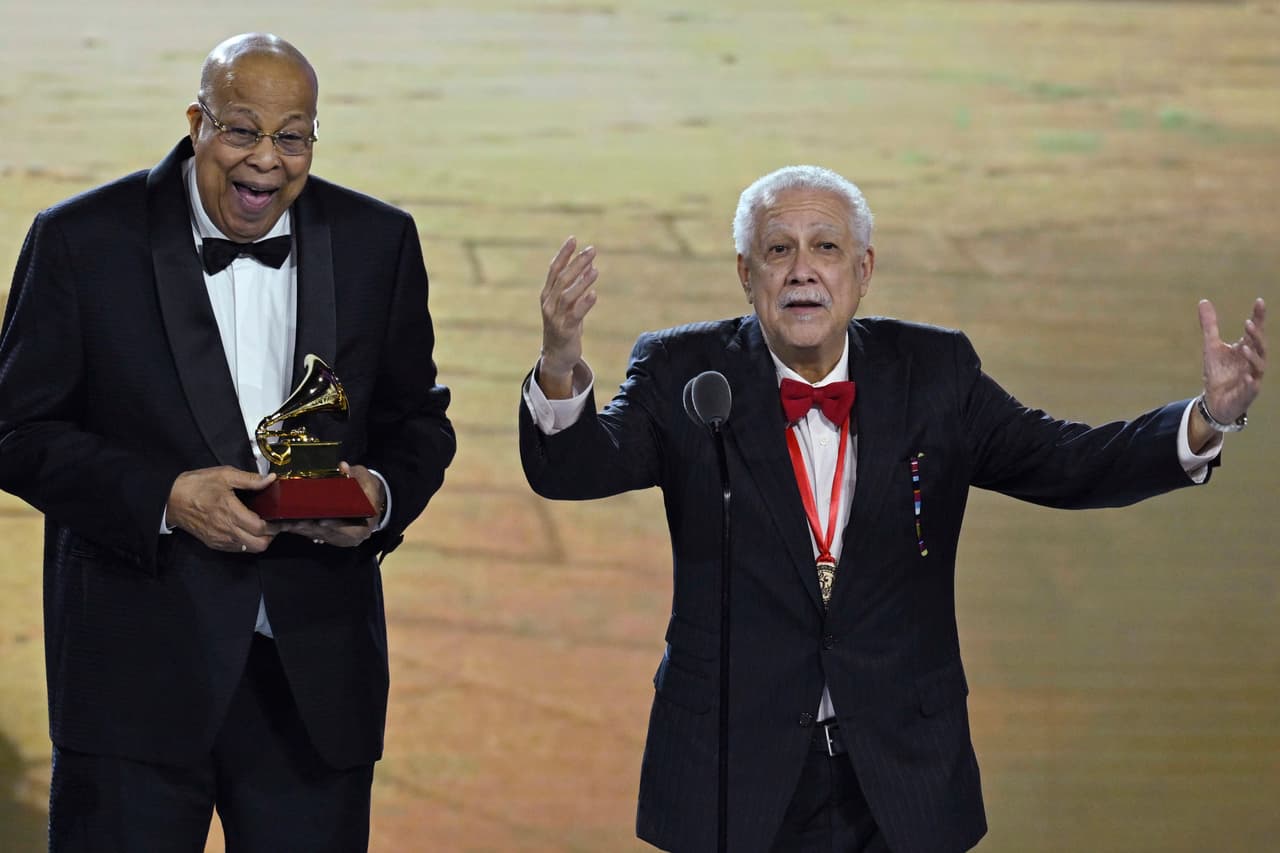 SEVILLE, SPAIN - NOVEMBER 16: Chucho Valdés and Paquito D’Rivera accept the award for Best Latin jazz/jazz Album onstage during the Premiere Ceremony for The 24th Annual Latin Grammy Awards on November 16, 2023 in Seville, Spain. (Photo by Carlos Alvarez/Getty Images for Latin Recording Academy)