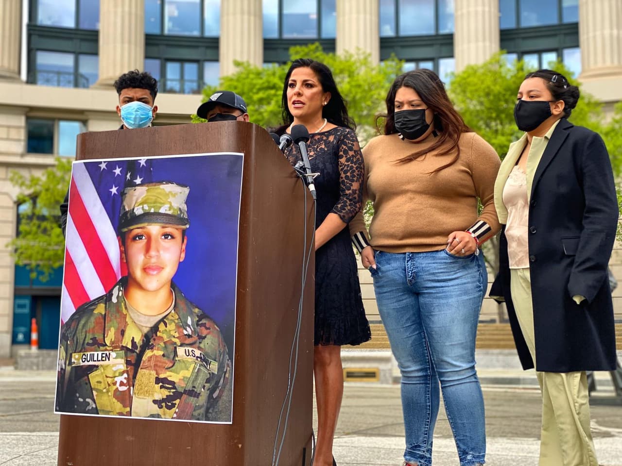 Members of the Guillen family at a press conference in Washington DC with their lawyer Natalie Khawam on the anniversary of Vanessa Guillen's murder, April 22, 2021. Left to right; Juan Cruz (Vanessa boyfriend), Rogelio Guillen (Vanessa's father), and her sister Mayra Guillen and Lupe Guillen.