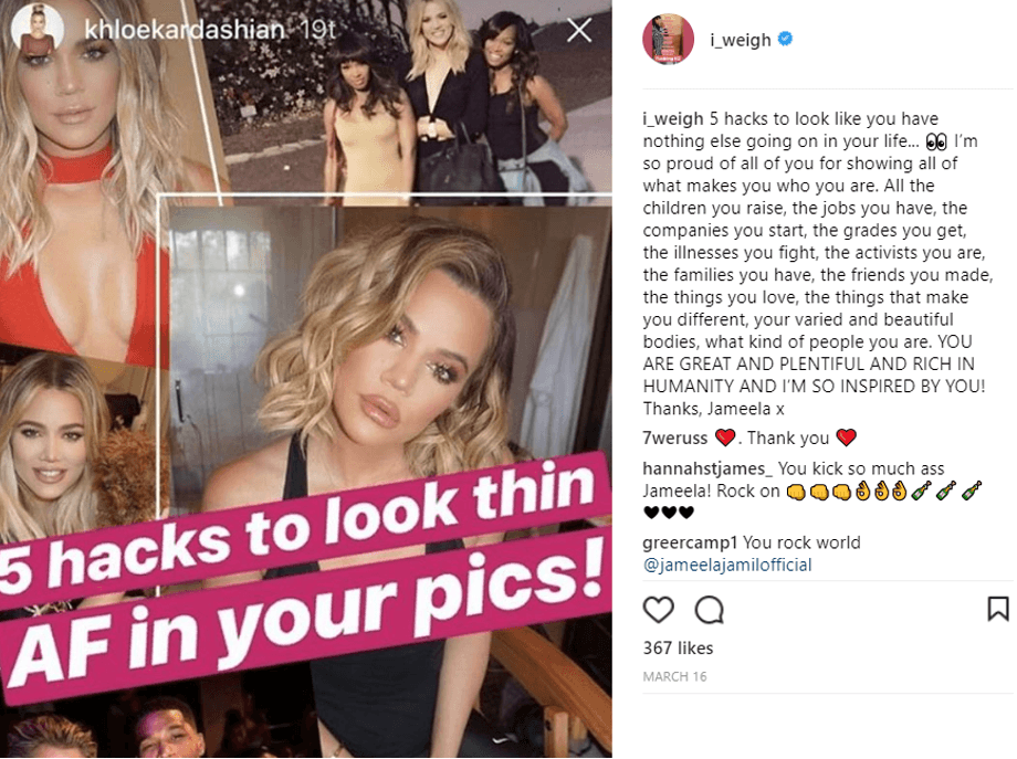 Antes criticó una publicación de 
<b><a href="https://www.univision.com/entretenimiento/esta-es-la-razon-por-las-que-las-kardashian-presentan-a-sus-hijos-con-filtros-de-snapchat-fotos">Khloé Kardashian</a></b>, en la que ofrecía tips para lucir muy delgada en las fotos. “Cinco trucos para lucir como si no pasara nada más nada en tu vida”, parafraseó la actriz