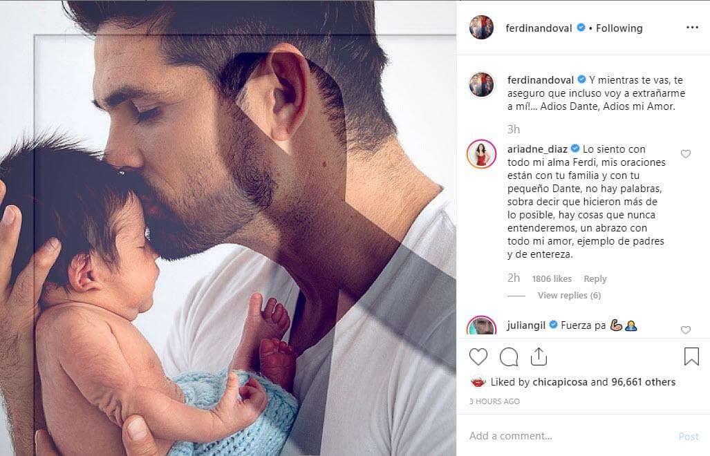 Desafortunadamente, Fedinando y su pareja Brenda Kellerman sufrieron la pérdida de Dante a los tres meses de nacido. El pequeño murió a causa de un cuadro de meningitis que le derivaron otros problemas de salud, como una hidrocefalia, un derrame cerebral y una neumonía.