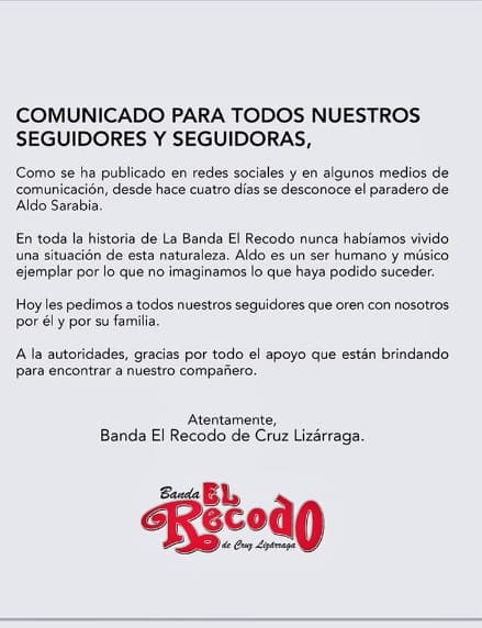 La Banda El Recodo emitió un comunicado para informar de la desaparición y agradecer por el apoyo brindado.