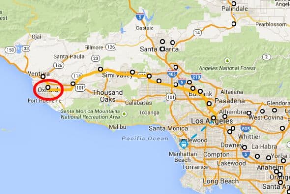 Mapa del lugar donde ocurrió el descarrilamiento de un tren en Oxnard.