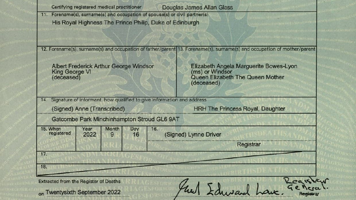 El certificado de muerte de la reina Isabel II también revela que fue la princesa Ana quien informó de su muerte.