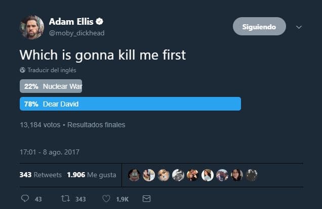 A raíz de esto, Adam encontró el lado amable de su situación y bromeó con una encuesta un poco oscura: "Qué me matara primero, ¿una guerra nuclear o 'Dear David'?".