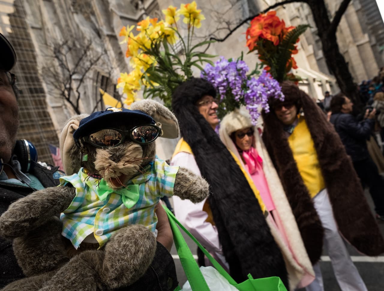 Tres personas se disfrazaron con enormes orejas de conejo que casi se arrastran por el suelo
