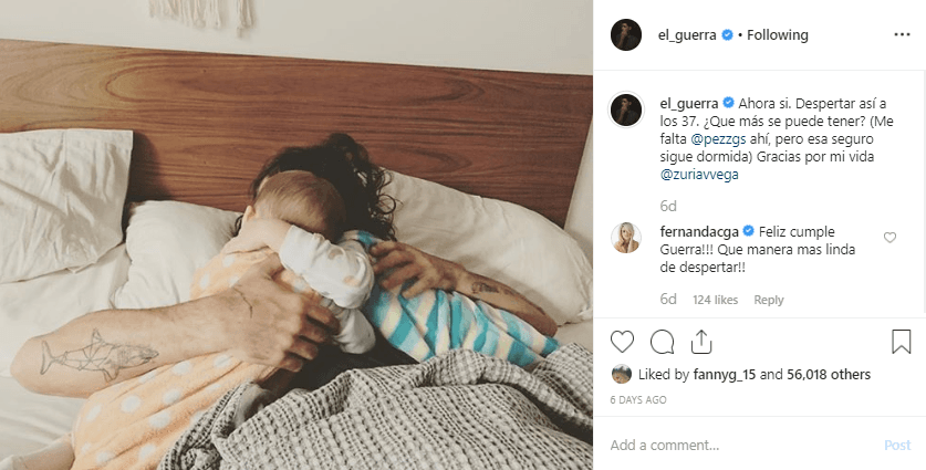Alberto Guerra cumplió 37 años hace una semana y escribió un mensaje en Instagram para agradecer a Zuria Vega por "su vida" y también mencionó a Penélope, quien aseguró era la única que faltaba para estar completo.