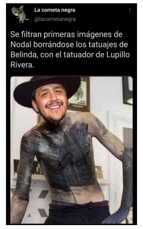 Ahora que Nodal terminó con Belinda algunos de los memes incluyen a Lupillo, pues muestran cómo luciría el cantante de 23 años si utilizara el mismo diseño de 'El Toro del Corrido' para taparlo.
<br>