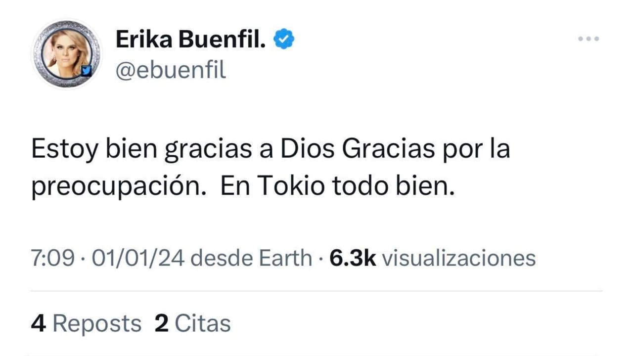 Este fue el mensaje de Erika Buenfil tras el sismo registrado en Japón, en donde ella pasa las fiestas de fin de año.
