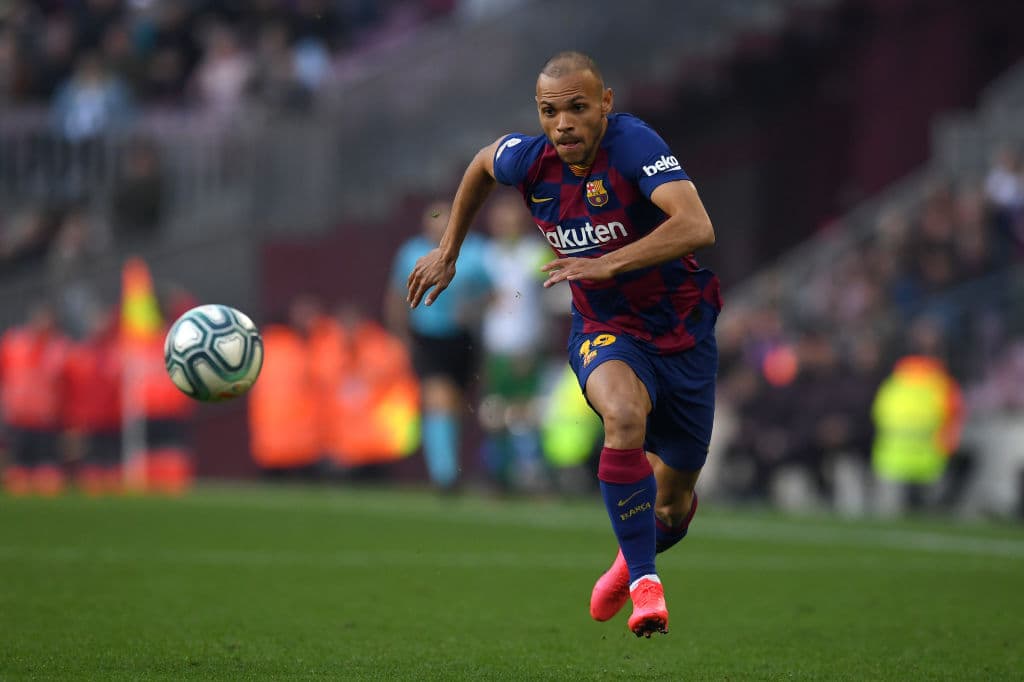 BARCELONA, SPAIN - FEBRUARY 22: Martin Braithwaite of FC Barcelona runs with the ball during the La Liga match between FC Barcelona and SD Eibar SAD at Camp Nou on February 22, 2020 in Barcelona, Spain. (Photo by Alex Caparros/Getty Images)