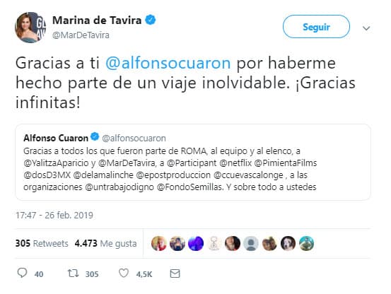 Por lo que 
<a href="https://www.univision.com/shows/despierta-america/orgullo-hispano-yalitza-aparicio-y-marina-de-tavira-entre-las-nominadas-a-los-premios-oscar-por-roma-video">Marina de Tavira</a> no dudó en responder el mensaje a través de la misma red social.