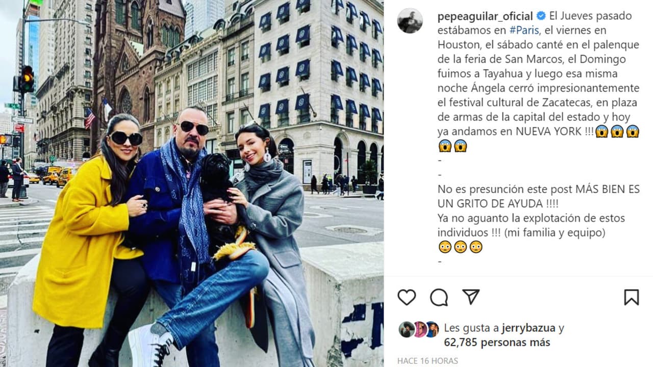 Pepe Aguilar apareció así en NYC este martes 19 de abril junto a su esposa Aneliz y su hija Ángela.