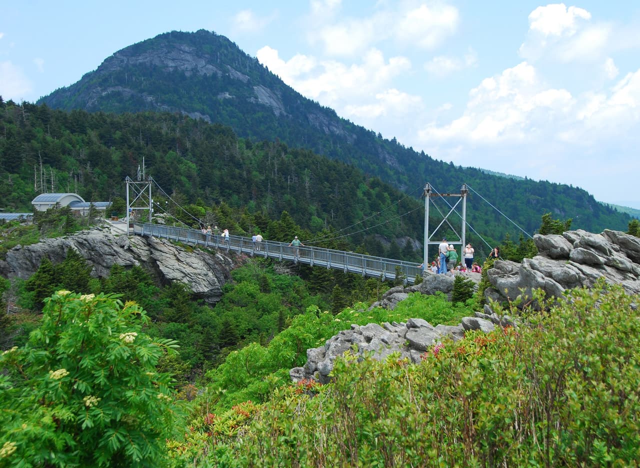El parque también alberga el Mile High Swinging Bridge, que se extiende por un espacio de 80 pies en la cima de Linville Peak.
