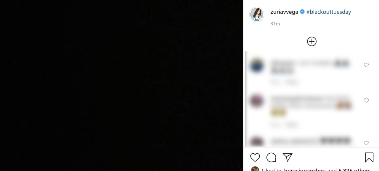 <b><a href="https://www.instagram.com/p/CA7z-DvhMed/" target="_blank">Zuria Vega</a></b> fue otra de las famosas actrices que se unió al 'BlackOutTuesday'.