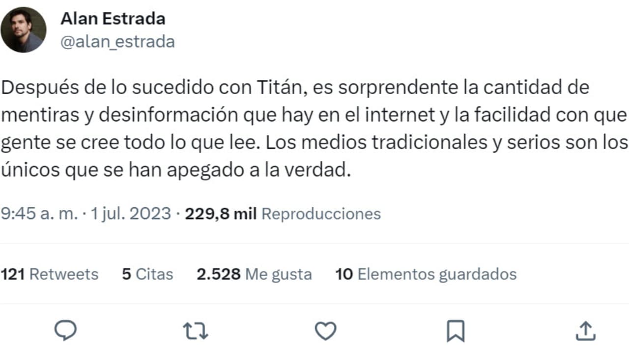 Alan Estrada criticó las "mentiras" que han surgido luego de la tragedia del Titan.