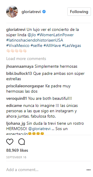 "Un lujo ver el concierto de la súper linda Jennifer Lopez. Mujeres latinas al poder", escribió Gloria en su cuenta de Instagram.