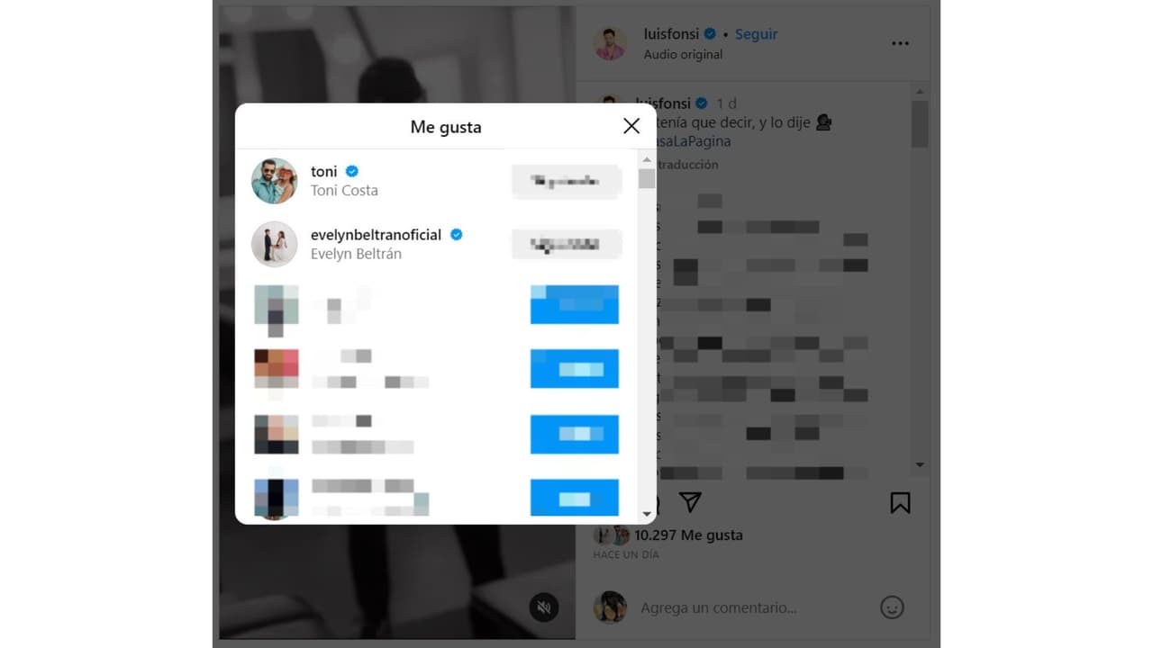 Toni Costa y Evelyn Beltrán dieron 'like' a esta publicación de Luis Fonsi sobre su canción 'Pasa la página'.
