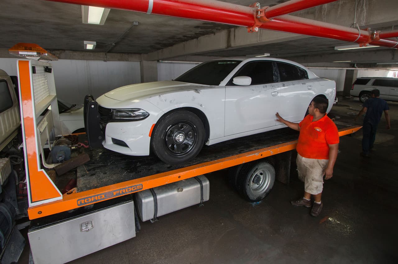 Uno de los destacados de aquella flota es el 
<i>muscle car</i> que vemos aquí. Inconfundible, se trata de un 
<b>Dodge Charger</b>. El modelo 2015 de este ícono entre los deportivos se ofrece con un motor V6 de 3.6 litros o bien un V8 de 5.7 litros, con un rango de potencias comprendido entre los 292 hasta los 485 caballos de fuerza. La versión más costosa alcanza los 40,000 dólares.