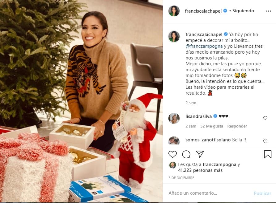 "Ya hoy por fin empecé a decorar mi arbolito. Francesco y yo llevamos tres días y medio arrancando, pero ya hoy nos pusimos la pilas", apuntó Francisca en redes sociales a principios de diciembre.
