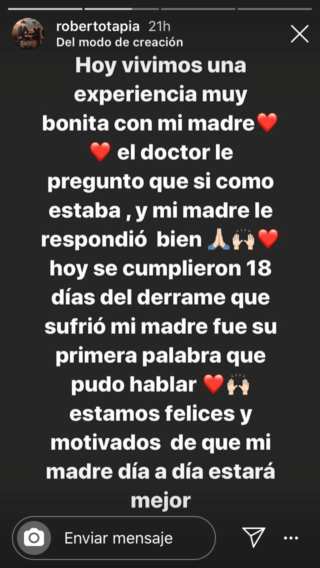 "Vivimos
<b> una experiencia muy bonita</b> con mi madre", escribió el intérprete, a través de sus historias de Instagram.