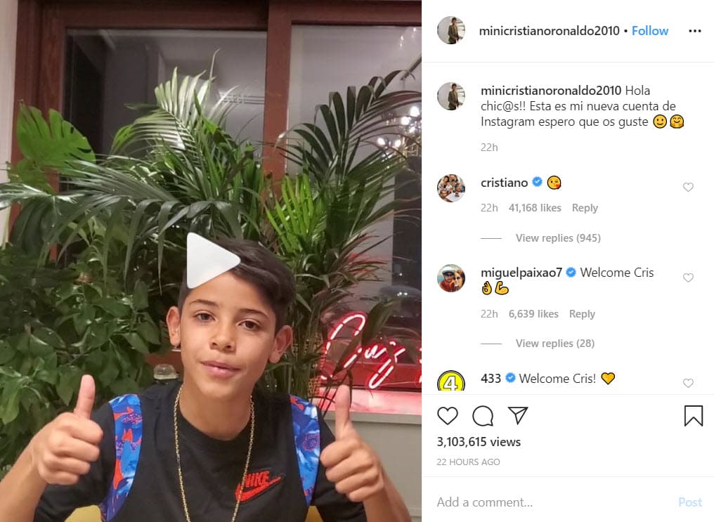 Su primera publicación fue precisamente ese video, dándole la bienvenida a sus seguidores: "¡Hola chicos! Esta es mi nueva cuenta de Instagram donde me van a poder conocer mejor. Adiós", dice Cristiano Jr. 
<b>en inglés, español, portugués e italiano</b>.