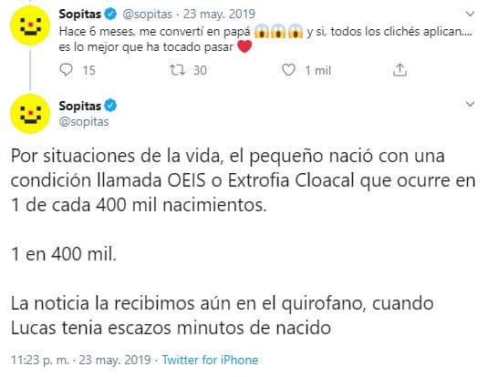 Todavía dentro del quirófano, el doctor le informó que Lucas había nacido con una serie de malformaciones. En términos médicos, el pequeño nació con una condición llamada extrofia cloacal, 
<b><a href="http://www.siicsalud.com/des/casiic_profundo_impreso.php/156335" target="_blank">un "defecto congénito con una prevalencia mundial de aproximadamente un caso entre 200 mil a 400 mil nacidos vivos"</a>. </b>