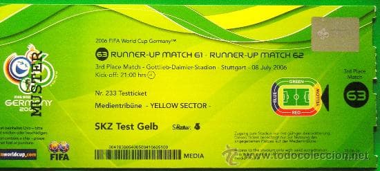 El color verde fue predominante para los boletos de Alemania 2006. Aquí una entrada a la semifinal entre los teutones e italianos.