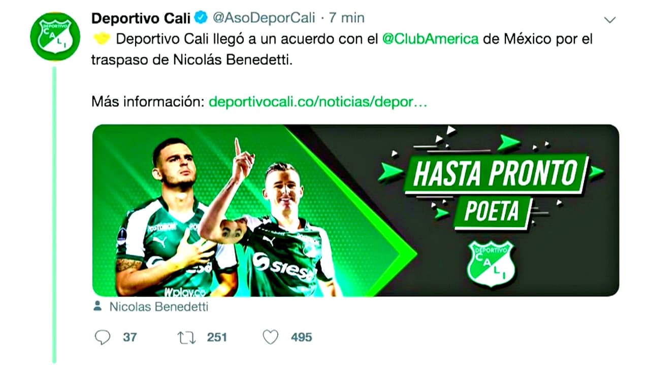 “Hasta pronto, Poeta”: la despedida del Cali a Nicolás Benedetti, quien viaja rumbo a CDMX