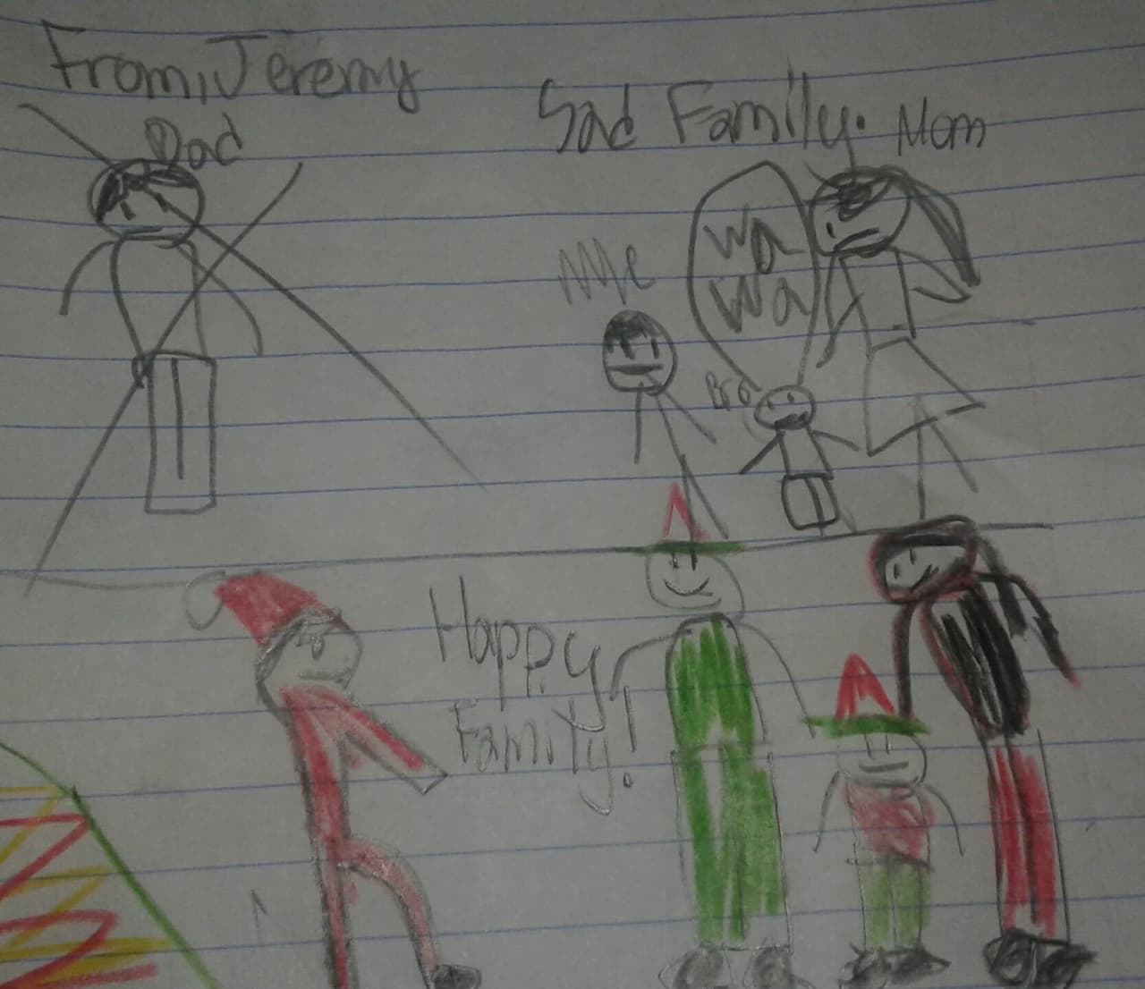 El mayor de los hermanos, Jeremy, dibujó cómo se imagina una familia feliz: todos juntos. Su papá estuvo a punto de ser deportado, pero la familia consiguió abrir un camino para legalizar su situación.