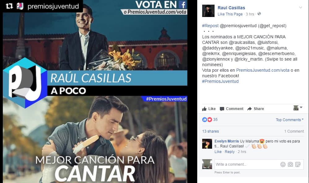 Así invitó a sus fanáticos Raúl a votar por Mejor canción para cantar.