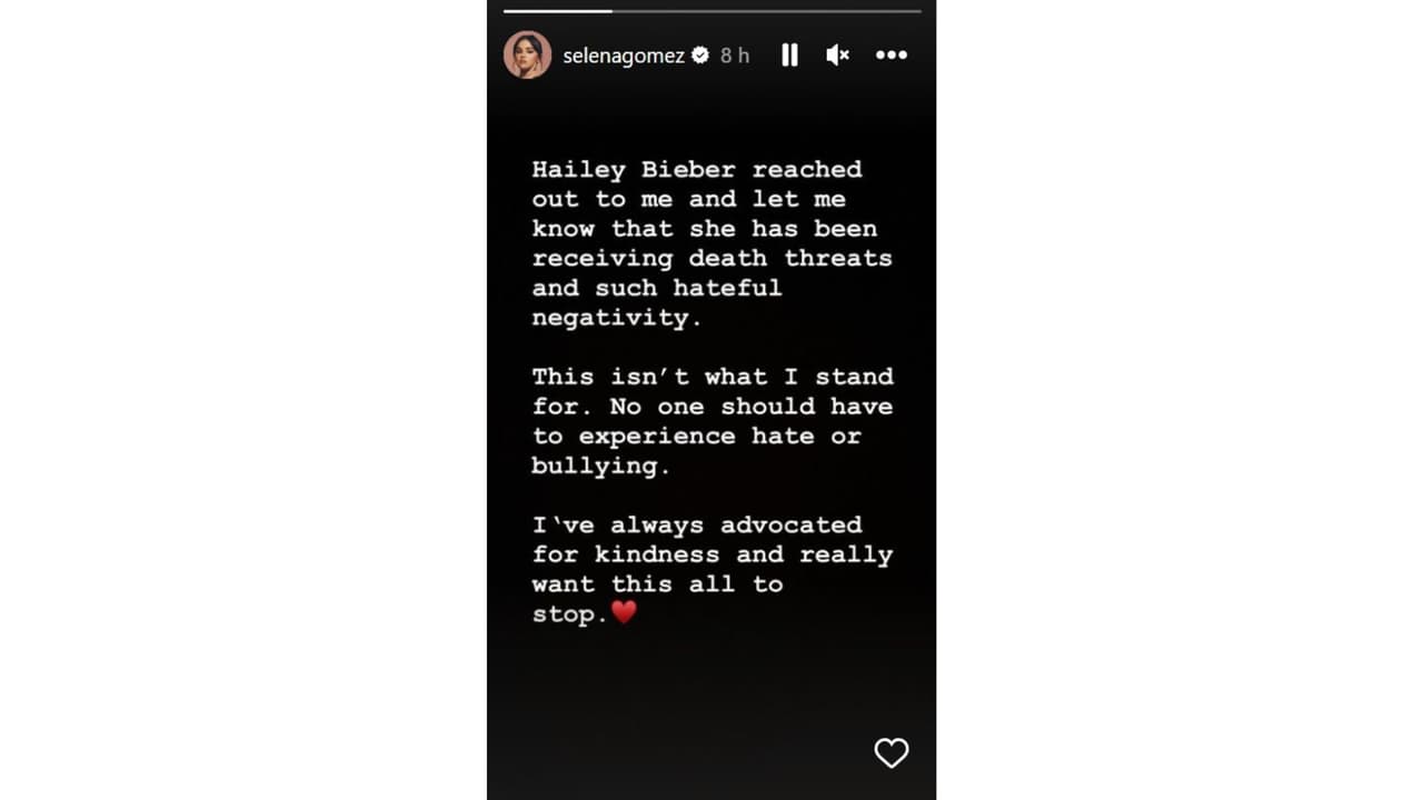 Selena Gómez publicó este mensaje en sus historias de Instagram.
