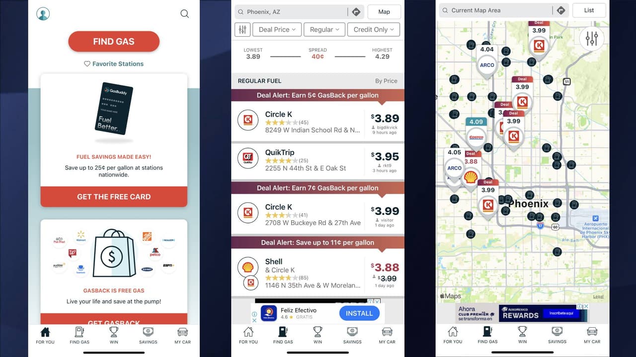 <b>GasBuddy</b>
<br>Una de las aplicaciones más confiables para encontrar el costo más bajo es GasBuddy; ofrece precios actualizados de las estaciones de combustible cercanas a ti, y despliega un listado desde el precio más bajo hasta los más altos.
<br>
<br>También puedes navegar por el mapa, seleccionar la gasolinera que más te convenga y obtener la mejor ruta para llegar hasta el lugar. Ofrece precios para regular, grado medio, premium y diésel.