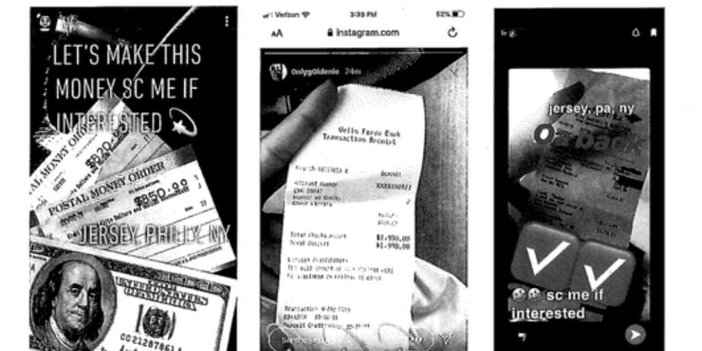 Según la denuncia, Massa publicaría "anuncios" en sus historias de Instagram, generalmente acompañadas de montones de efectivo y recibos en cajeros automáticos, diciéndole a sus seguidores que la contactaran por correo electrónico si querían obtener efectivo rápido y legal.