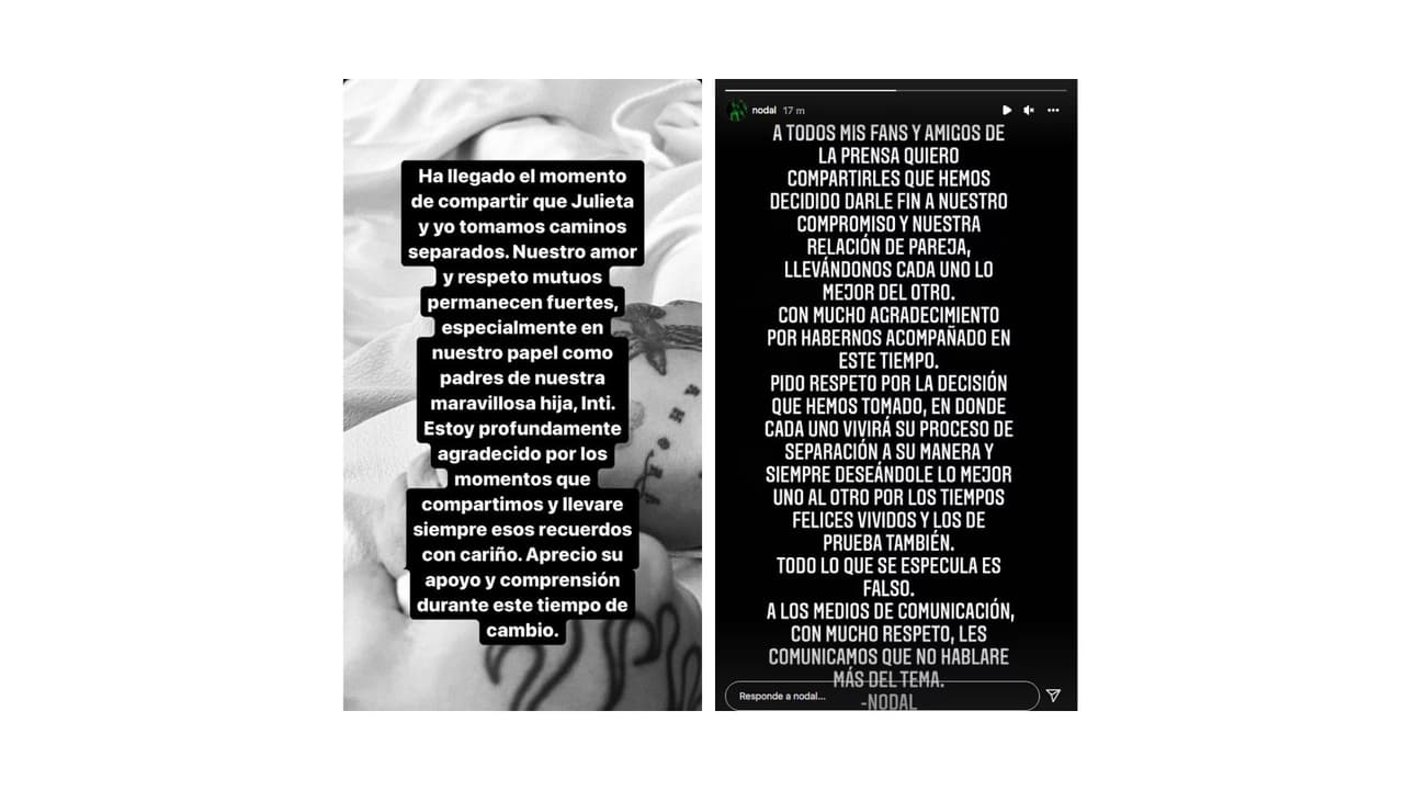A la izquierda, se encuentra el comunicado de su ruptura con Cazzu, y a la derecha, el de su separación de Belinda.