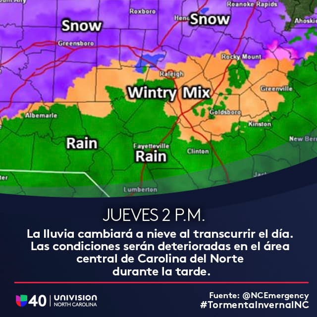 La lluvia cambiará a nieve al transcurrir el día. Las condiciones serán deterioradas en el área central de Carolina del Norte durante la tarde.