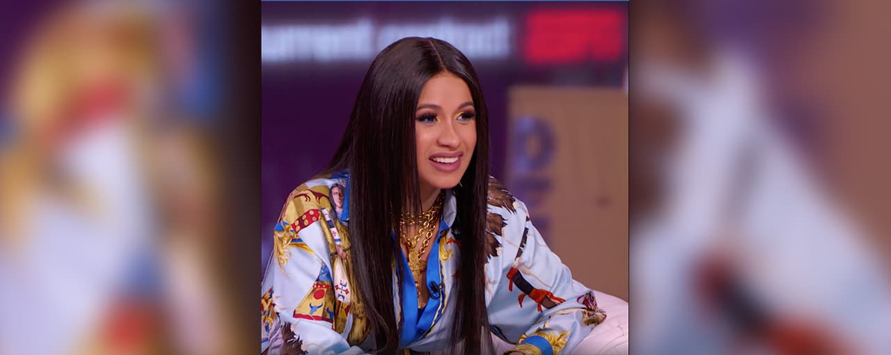 0apper Cardi B appears on MTV's 'Total Request Live' on Tuessday, April 10, 2018. While she was there, Cardi talked about what it was like to embrace her Latina roots and work with reggaeton rappers J Balvin and Bad Bunny on the track 'I Like It.'
