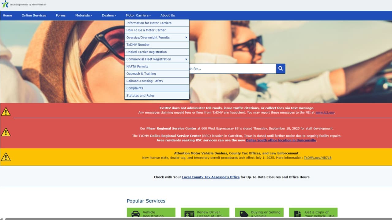 Aquí te mostramos, paso a paso, 
<b>cómo presentar una queja</b> oficial ante el Departamento de Vehículos Motorizados de Texas (TxDMV). Primero ingresa a la página 
<a href="https://www.txdmv.gov/"><u>https://www.txdmv.gov/</u></a>.