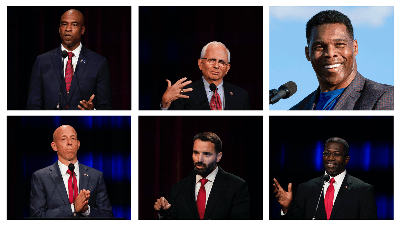 <b>Candidato a senador por Georgia del Partido Republicano: </b>
<br>
<br>· Herschel Walker (derecha arriba)
<br>· Gary Black (arriba en medio)
<br>· Latham Saddler (en medio abajo)
<br>· Kelvin King (izquierda arriba)
<br>· Josh Clark (izquierda abajo)
<br>· Jonathan McColumn (derecha abajo)