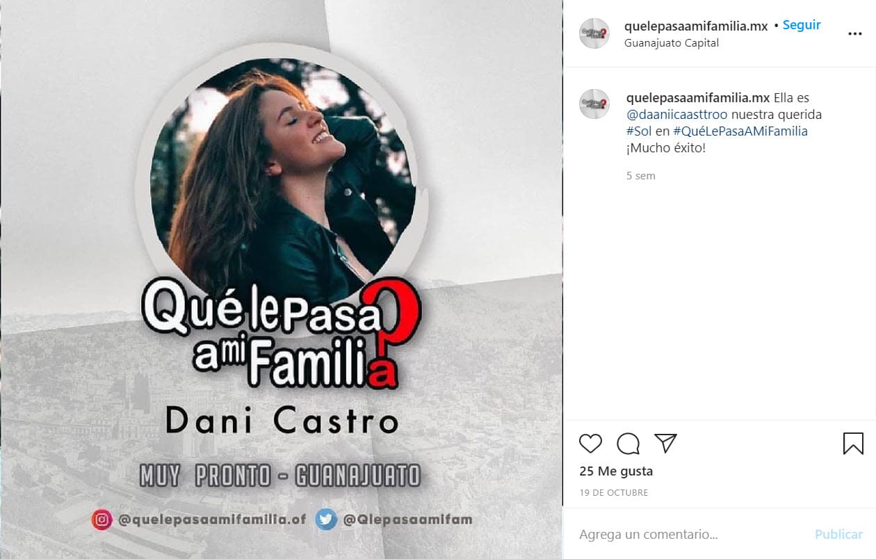 La joven 
<b><a href="https://www.univision.com/famosos/la-hija-mayor-de-daniela-castro-ocupara-el-lugar-de-karol-sevilla-en-que-le-pasa-a-mi-familia-fotos" target="_blank">forma parte del elenco</a></b> de la nueva telenovela de Juan Osorio, '¿Qué le pasa a mi familia?'.
<br>