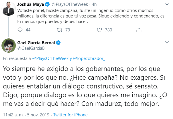 Gael García respondió a algunos de los señalamientos, como el que le hizo mención el periodista deportivo Joshua Maya, quien le recordó que él había votado por AMLO, por lo que el actor aseguró que siempre le ha exigido a los gobernantes por los que vota.