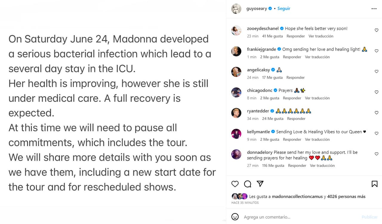 El mánager de Madonna confirmó que la gira mundial de Madonna se retrasará.